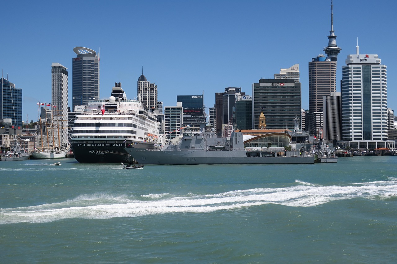 A large cruise ship and a naval vessel in a harbor with a city skyline in the background.