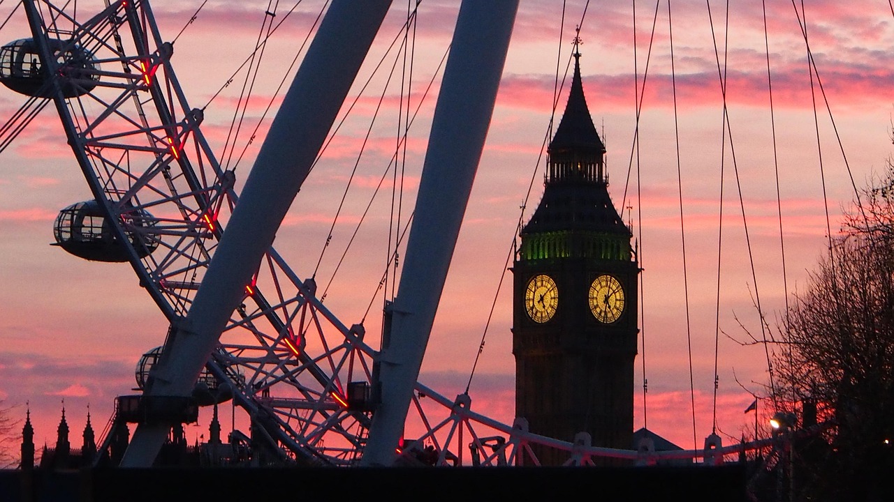 A sunset view of the London Eye and Big Ben in London, United Kingdom.