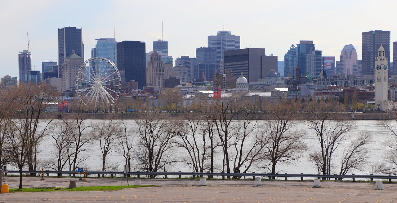 A city skyline with a ferris wheel in the foreground, a river in the middle, and a parking lot with bare trees in the foreground.