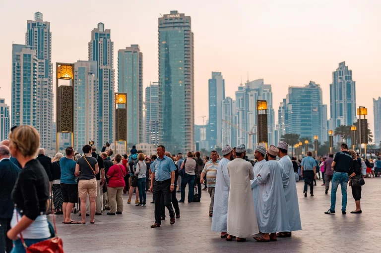 A bustling urban scene with tall skyscrapers and people walking in a public space.