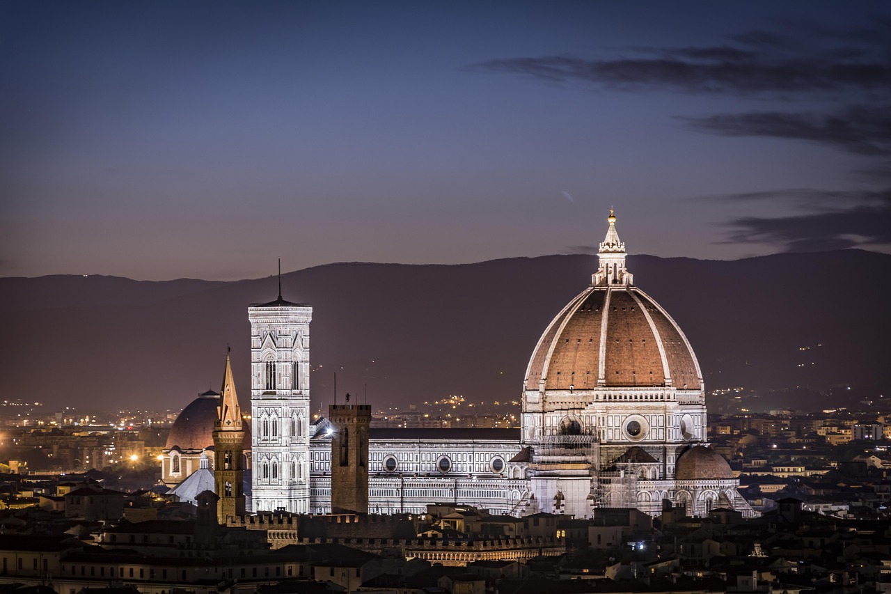 Night view of the Florence Cathedral and Giotto's Bell Tower in Florence, Italy.