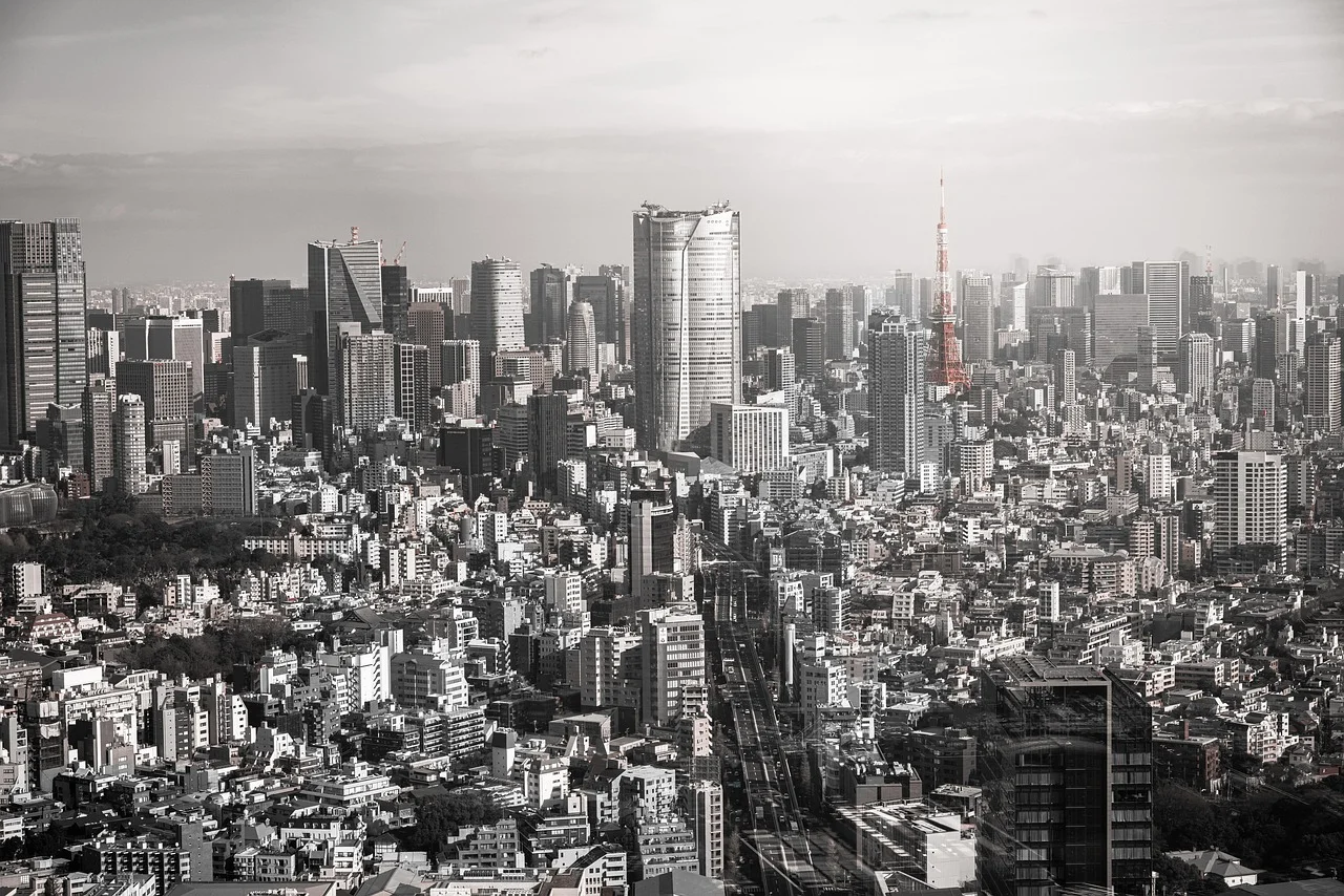 A black and white cityscape of Tokyo with numerous skyscrapers and the Tokyo Tower visible.