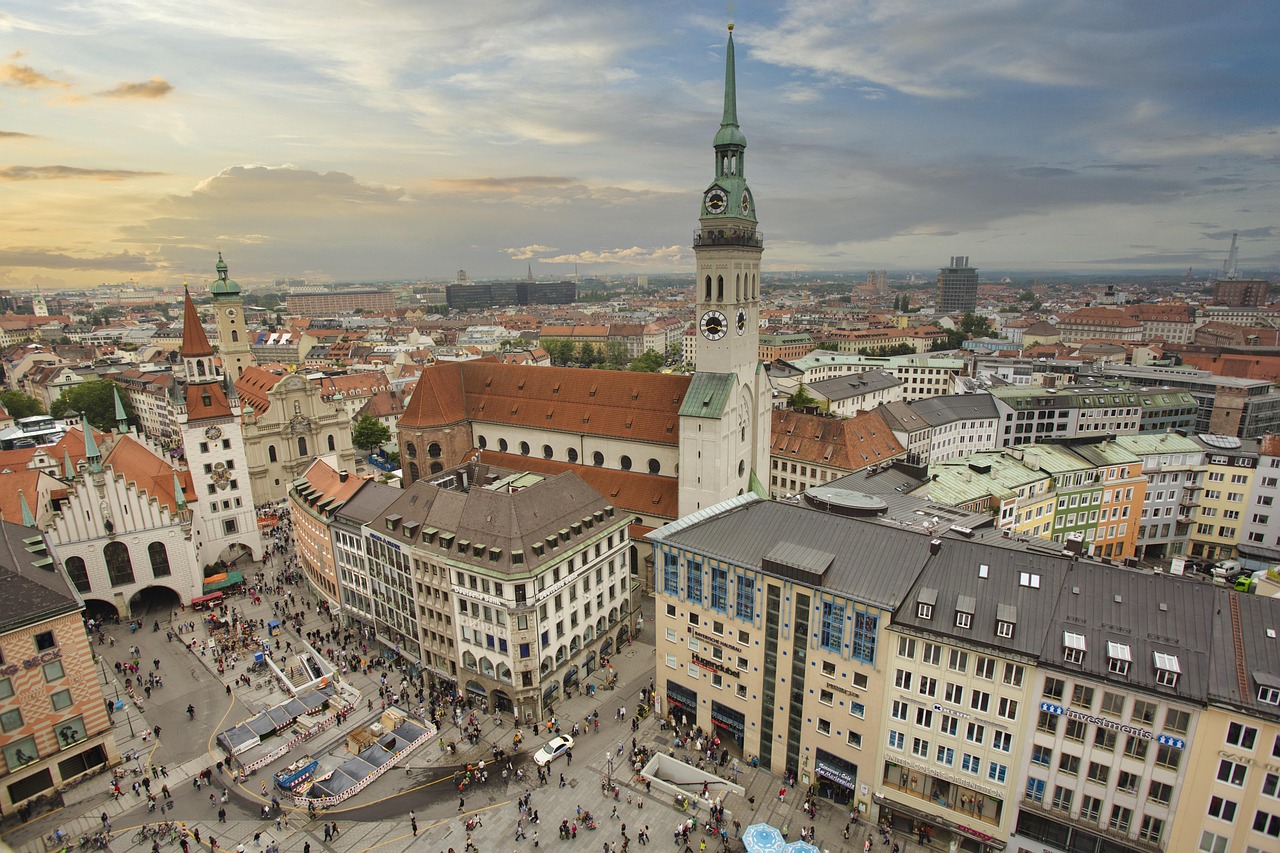 Aerial view of Marienplatz in Munich, Germany, featuring the New Town Hall and other historic buildings.