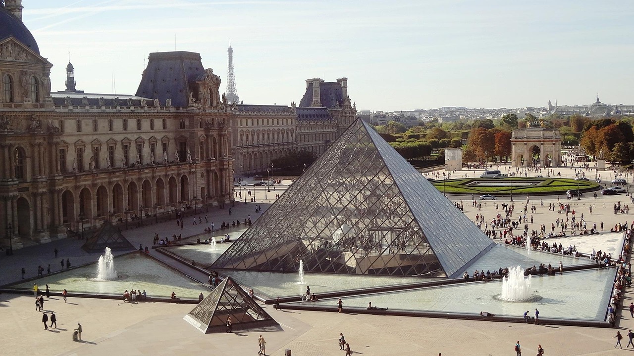 Aerial view of the Louvre Museum with the glass pyramid in the courtyard, surrounded by historic buildings and people walking around.