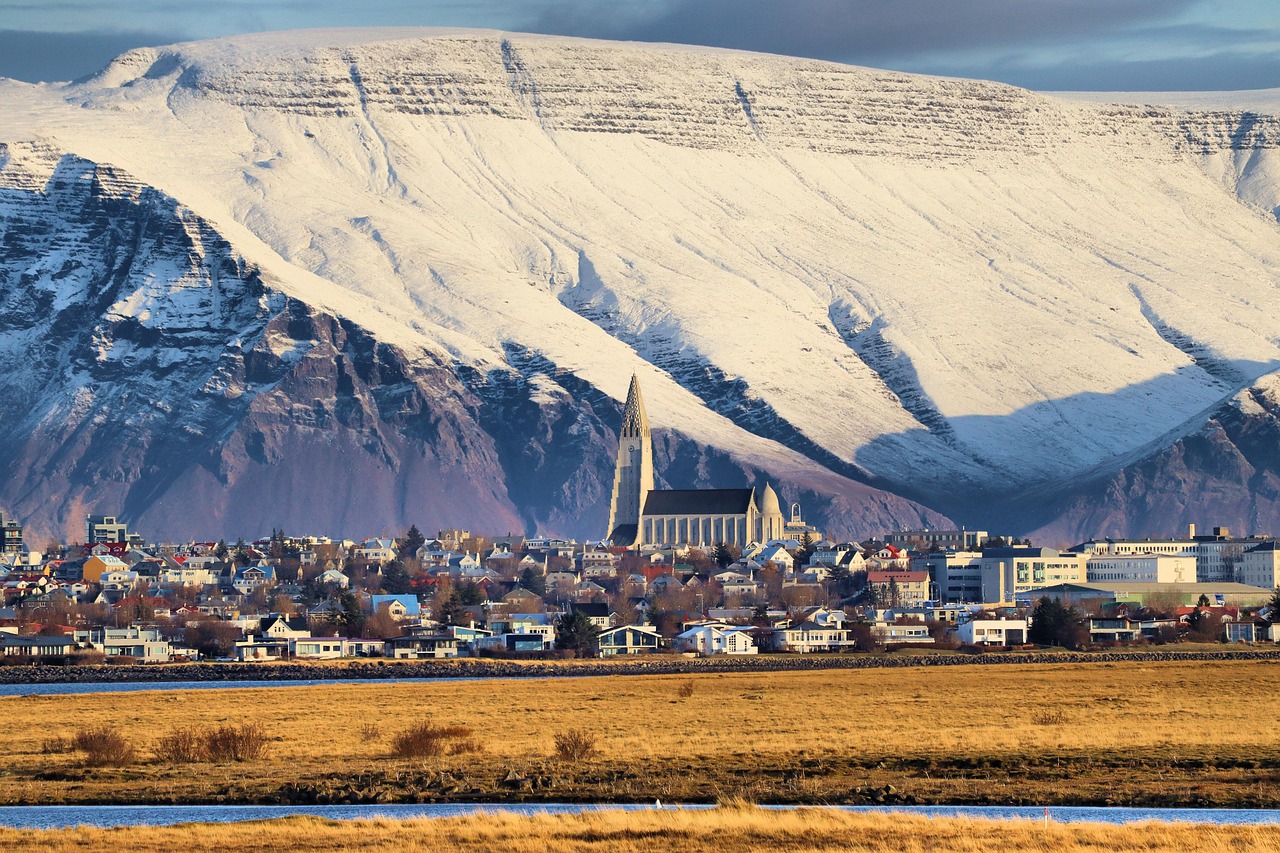 A cityscape with a prominent church and snow-covered mountains in the background.