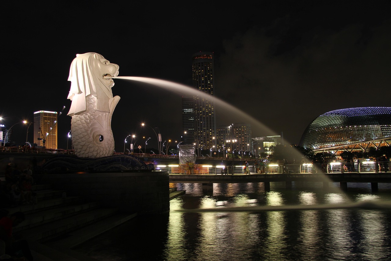 Night view of the Merlion statue spraying water into the bay with a city skyline in the background.