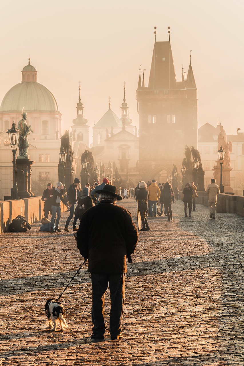 A person walking a dog on a historic bridge with statues and towers in the background during a foggy day.