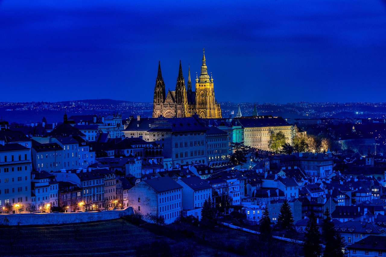 Night view of Prague with illuminated St. Vitus Cathedral and surrounding buildings.