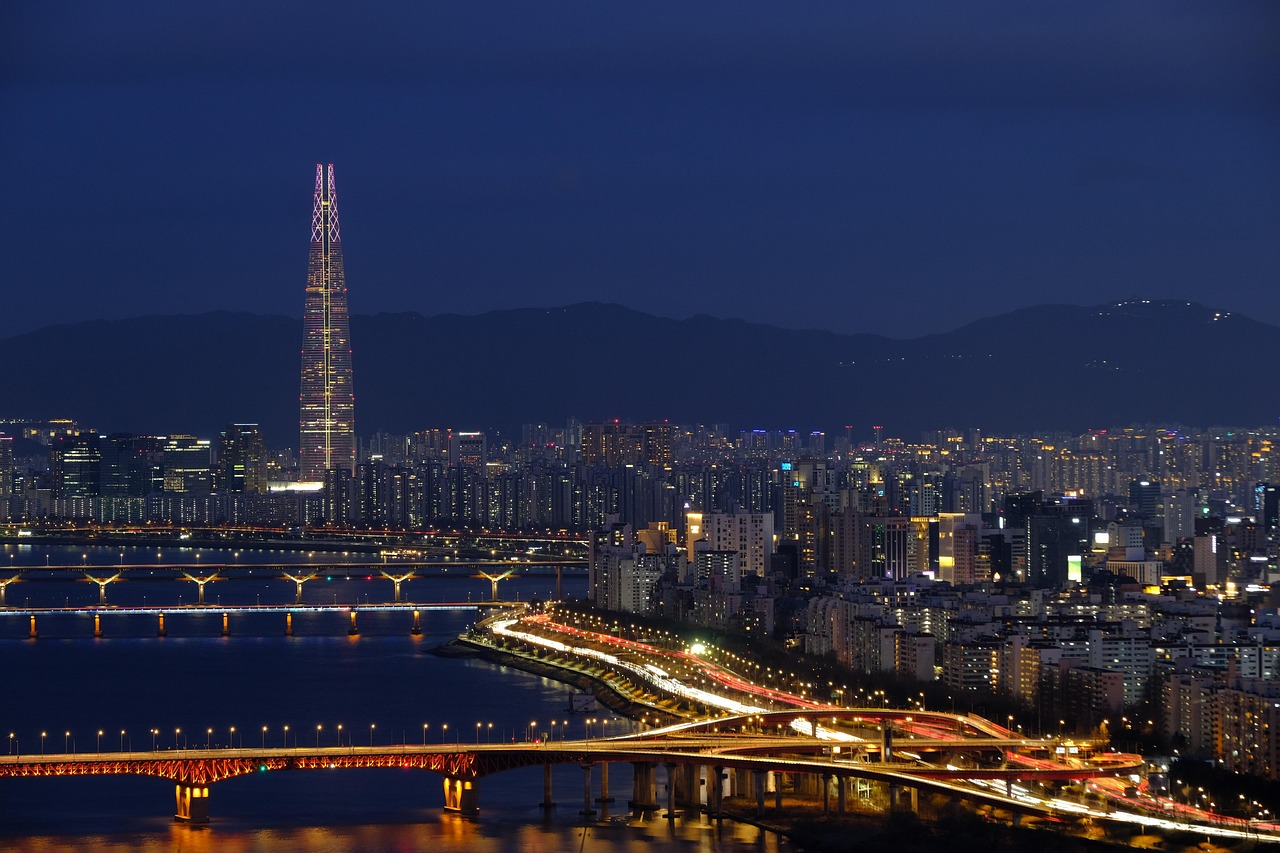 Night view of a city with a tall skyscraper, bridges, and a river.