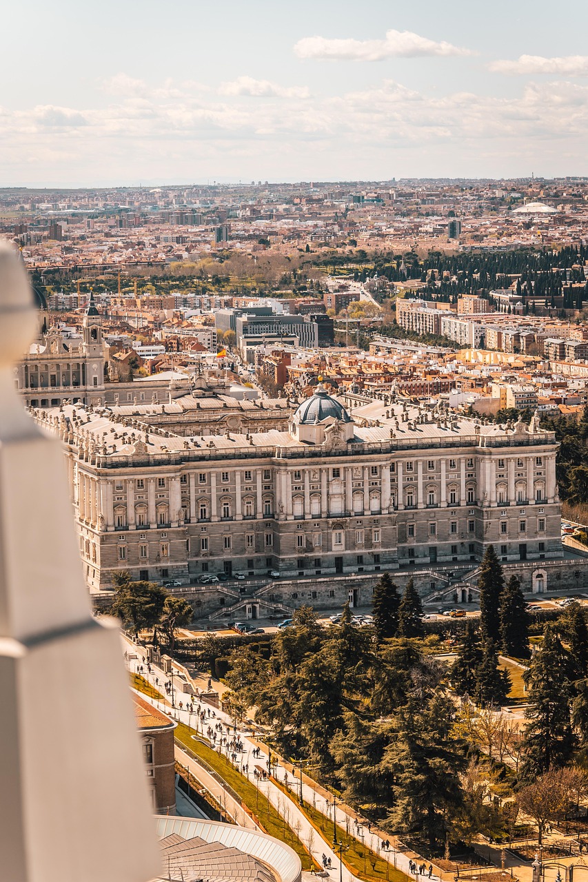 Aerial view of a grand palace in a city with a sprawling urban landscape in the background.