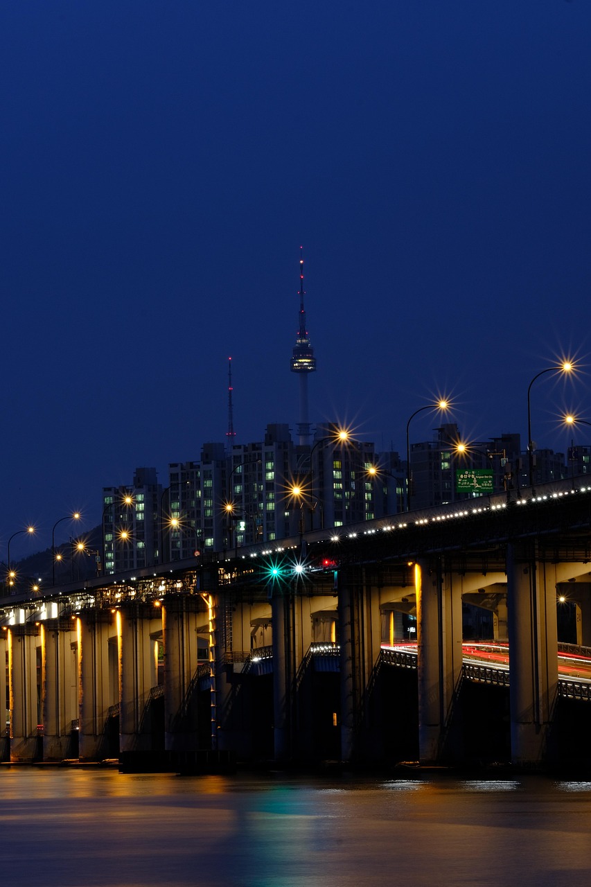 Night view of a city with a brightly lit bridge and tall buildings, including a recognizable tower in the background.