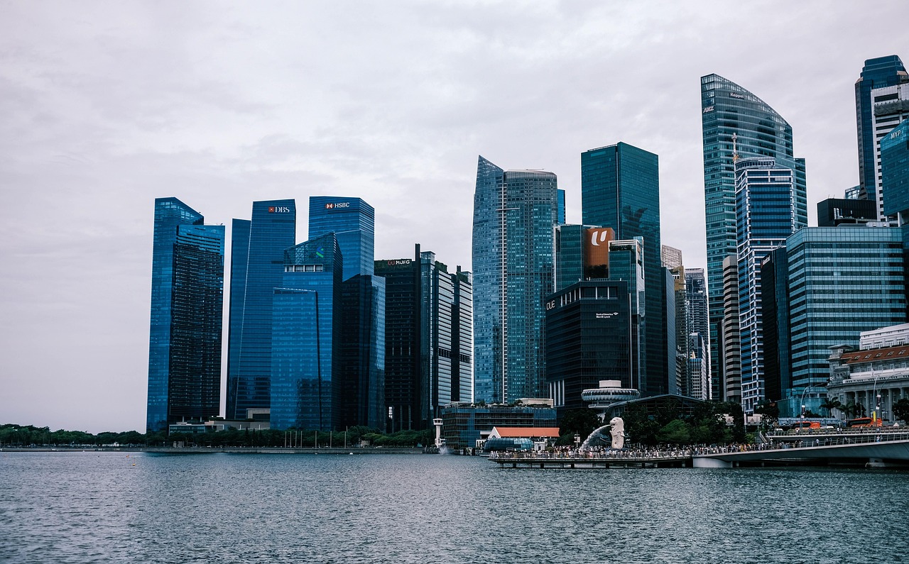 A view of the Singapore skyline with tall buildings and the Merlion statue by the waterfront.