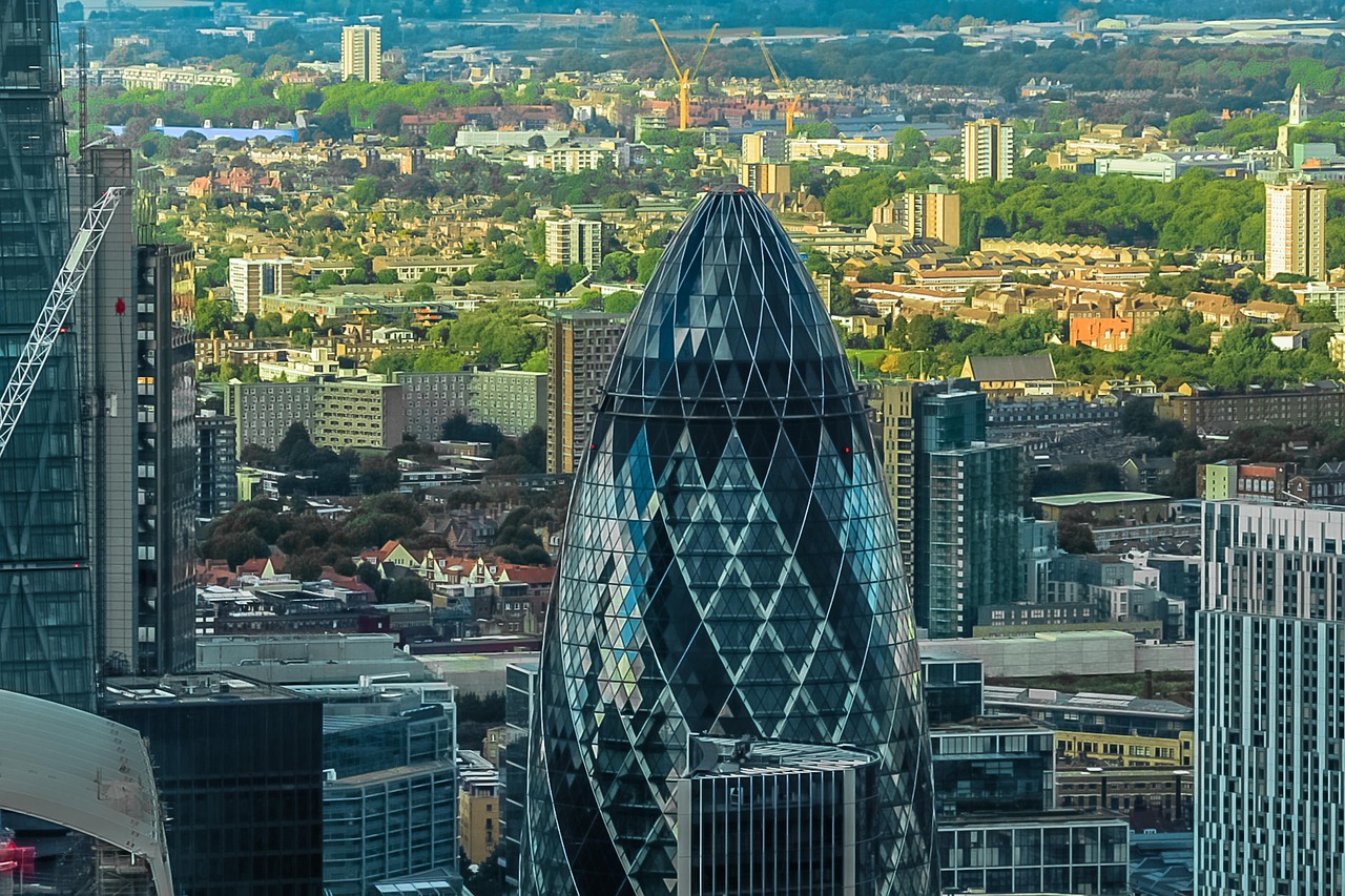 A cityscape view featuring modern skyscrapers and the distinctive Gherkin building in London.